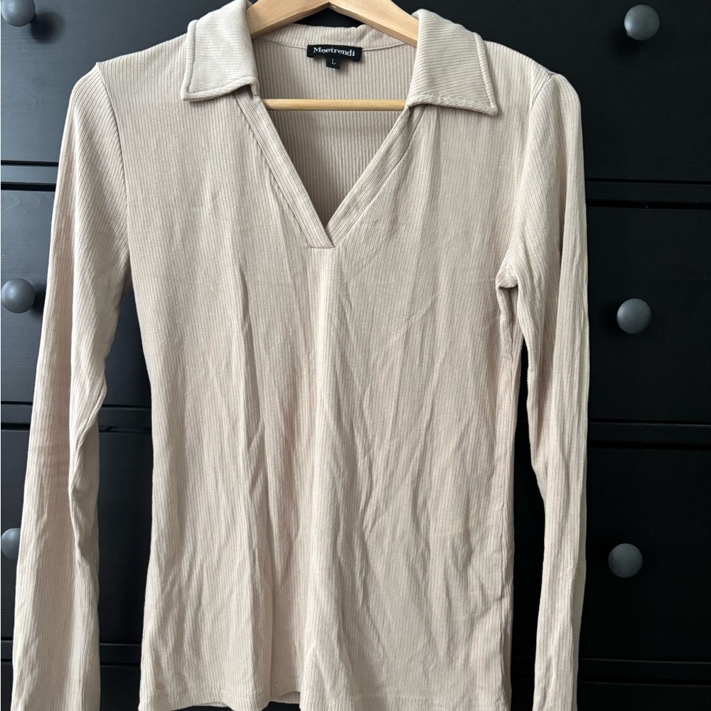 Collared Beige Long Sleeve Top